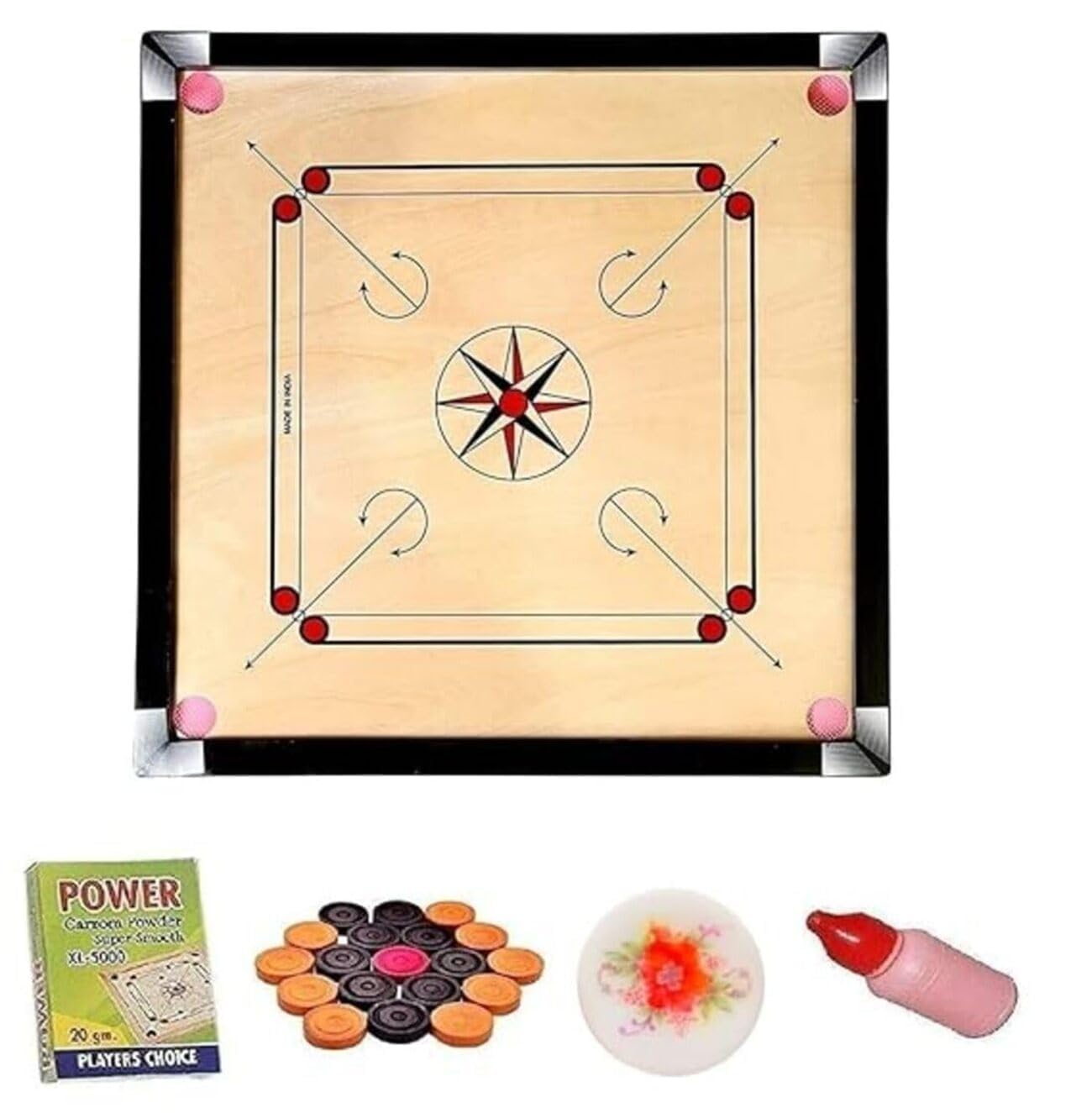 Premium wooden carrom board with smooth surface and coins